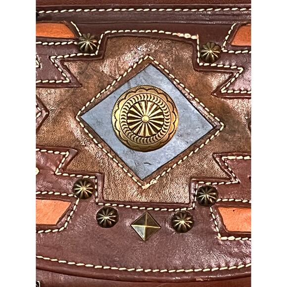American West Genuine Leather Tooled Crossbody Bag Wallet Boho Western Studded - Picture 4 of 16